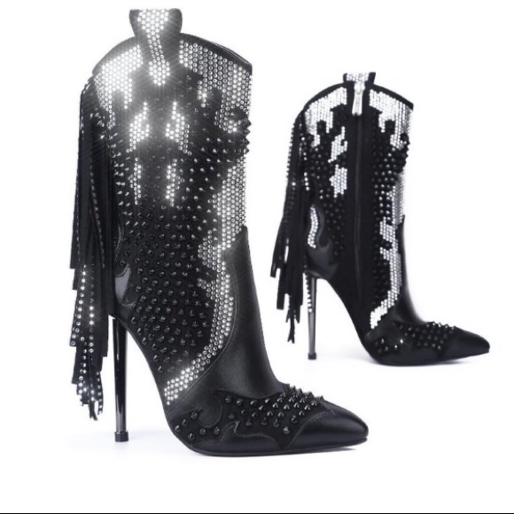 Black Silver Glitter Rhinestone Cowgirl Booties Size 8